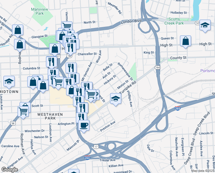 map of restaurants, bars, coffee shops, grocery stores, and more near 2724 Markham Street in Portsmouth