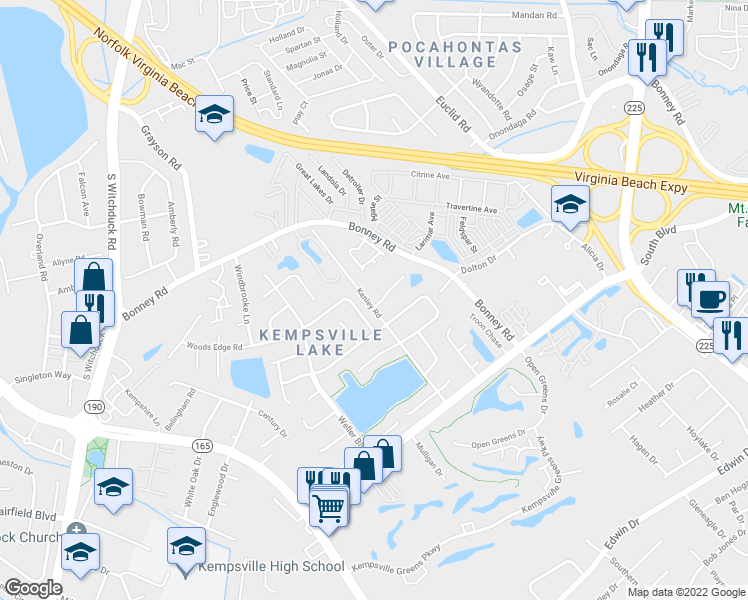 map of restaurants, bars, coffee shops, grocery stores, and more near 338 Kenley Road in Virginia Beach