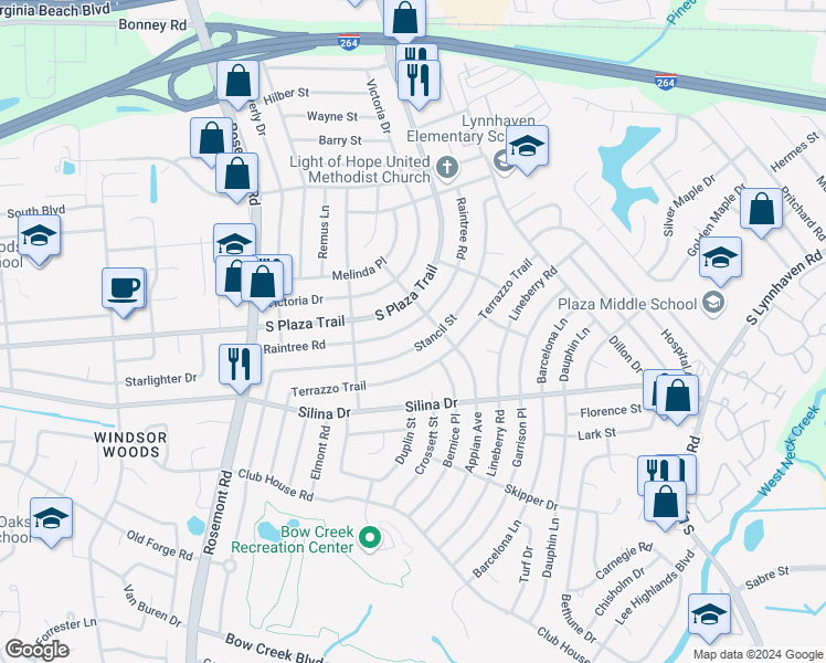 map of restaurants, bars, coffee shops, grocery stores, and more near 3409 Raintree Road in Virginia Beach