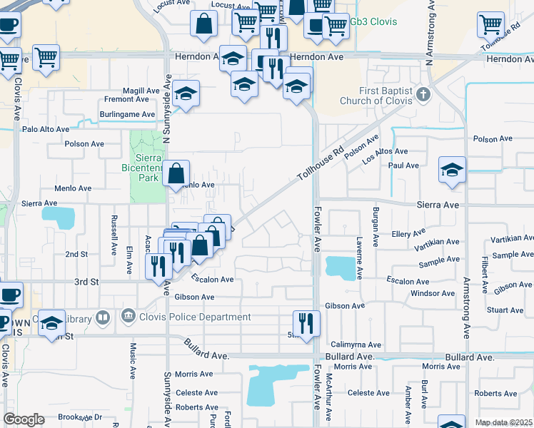map of restaurants, bars, coffee shops, grocery stores, and more near 1600 Tollhouse Road in Clovis