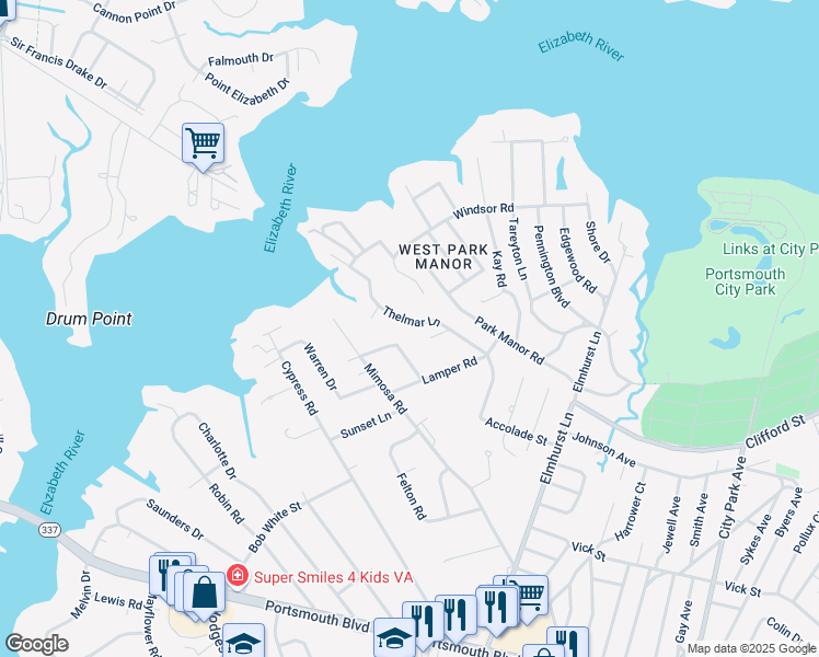 map of restaurants, bars, coffee shops, grocery stores, and more near 301 Thelmar Lane in Portsmouth
