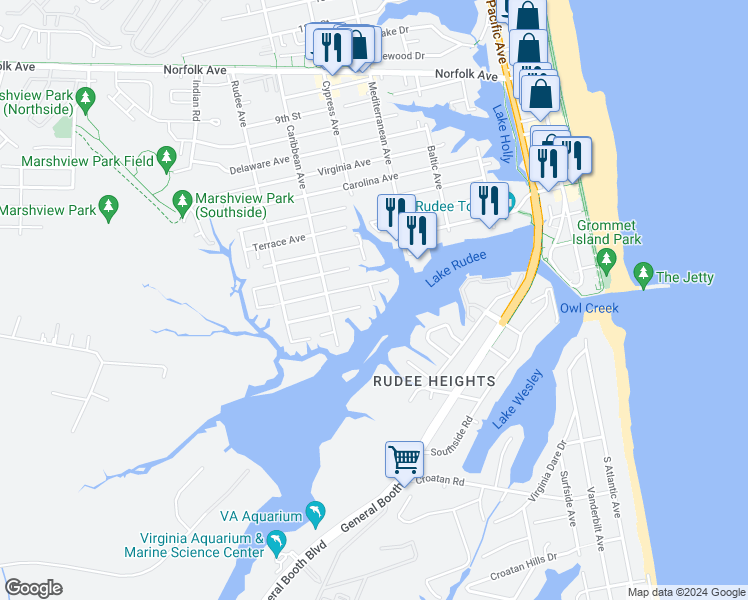 map of restaurants, bars, coffee shops, grocery stores, and more near 102 Cypress Avenue in Virginia Beach