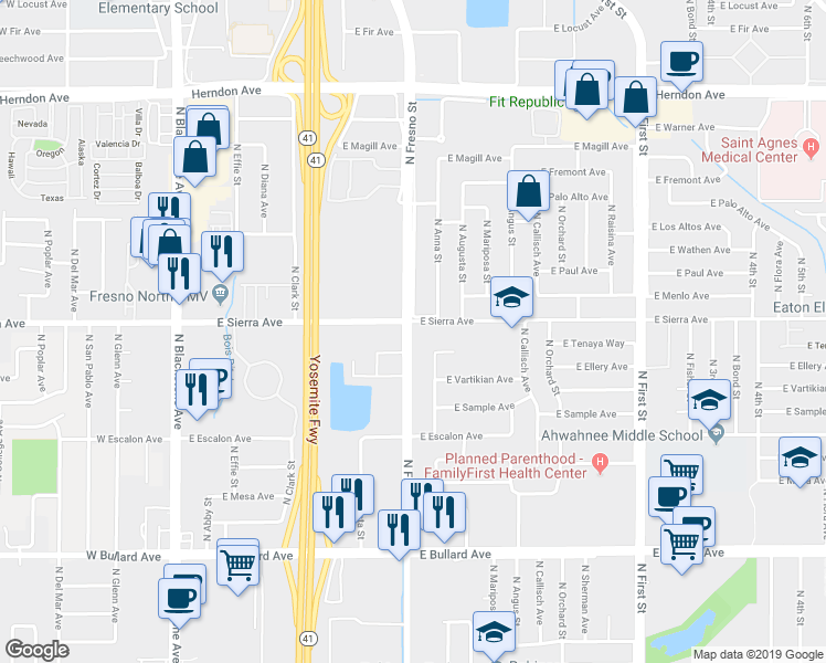 map of restaurants, bars, coffee shops, grocery stores, and more near 6380 North Fresno Street in Fresno