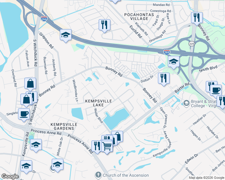 map of restaurants, bars, coffee shops, grocery stores, and more near 4724 Woods Edge Road in Virginia Beach