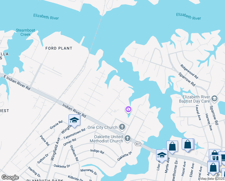 map of restaurants, bars, coffee shops, grocery stores, and more near 302 Kemp Lane in Chesapeake