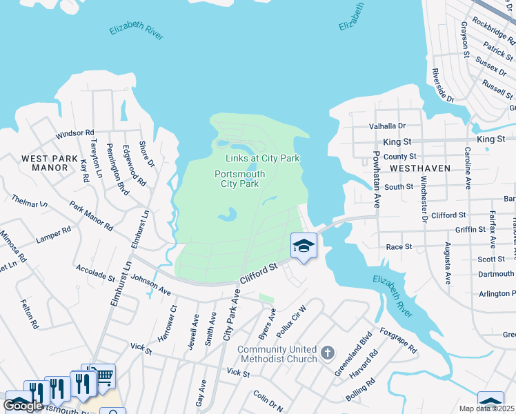 map of restaurants, bars, coffee shops, grocery stores, and more near 301-391 Cpl J M Williams Avenue in Portsmouth