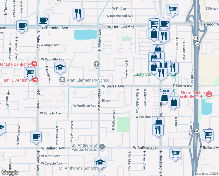 map of restaurants, bars, coffee shops, grocery stores, and more near 317 West Sierra Avenue in Fresno