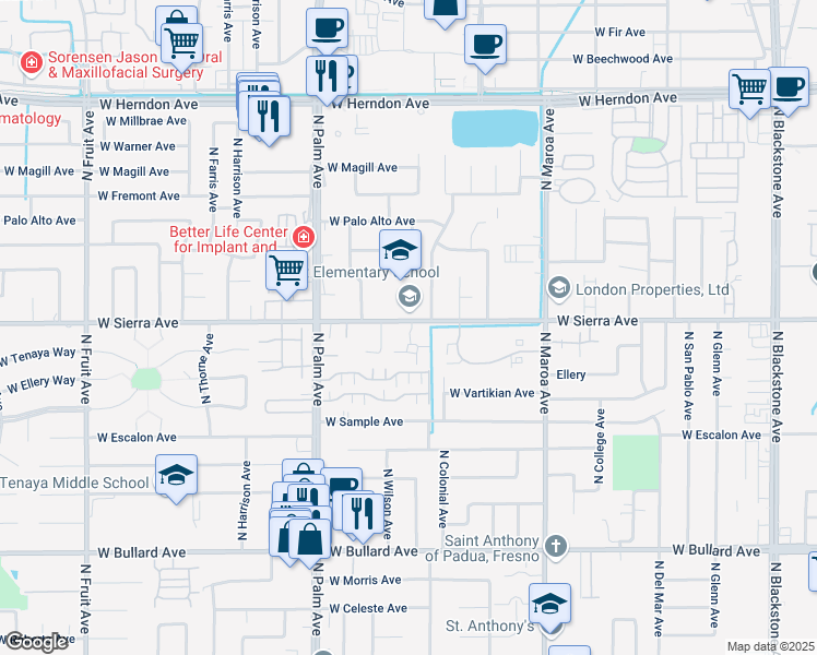 map of restaurants, bars, coffee shops, grocery stores, and more near 645 West Sierra Avenue in Fresno