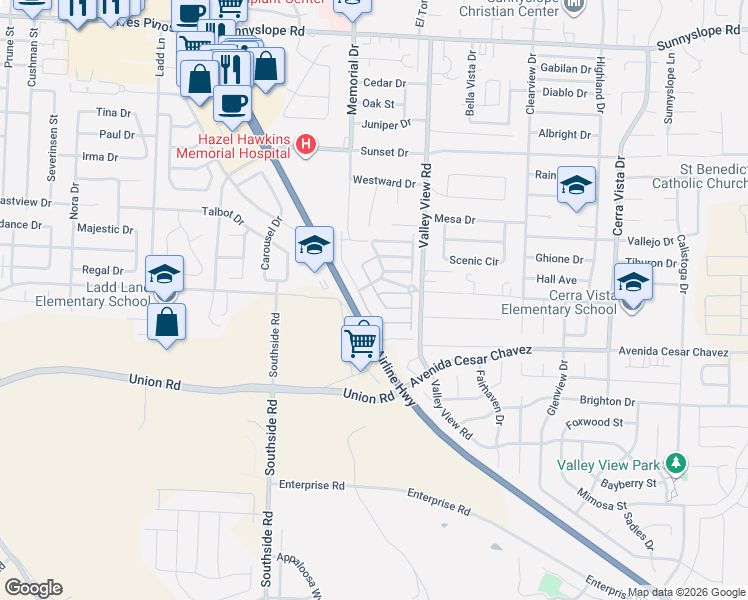 map of restaurants, bars, coffee shops, grocery stores, and more near 2112 Red Oak Drive in Hollister