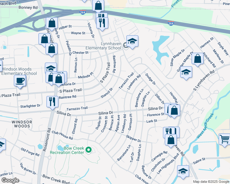 map of restaurants, bars, coffee shops, grocery stores, and more near 304 Appian Avenue in Virginia Beach