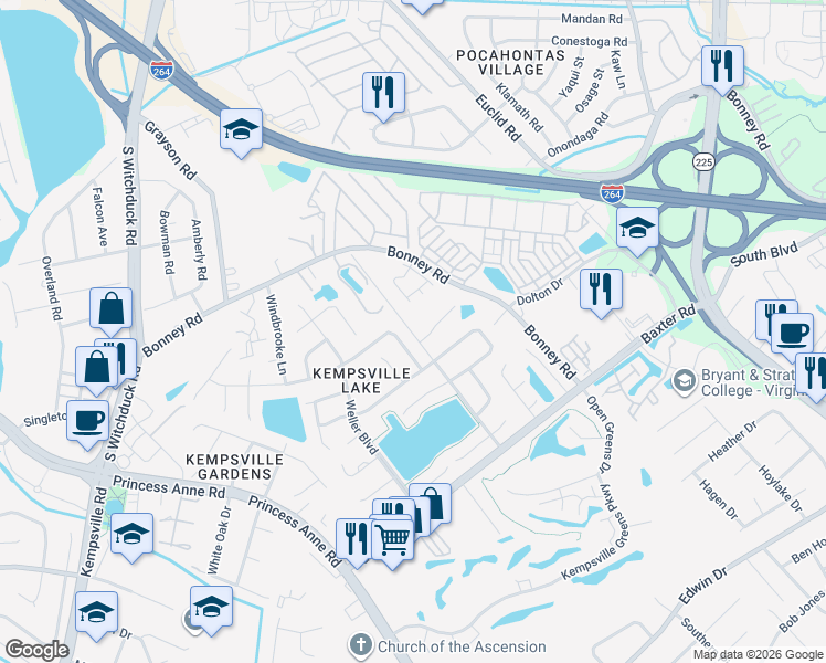 map of restaurants, bars, coffee shops, grocery stores, and more near 4724 Woods Edge Road in Virginia Beach