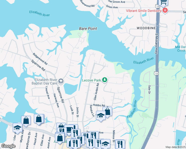 map of restaurants, bars, coffee shops, grocery stores, and more near 913 Norfleet Road in Virginia Beach