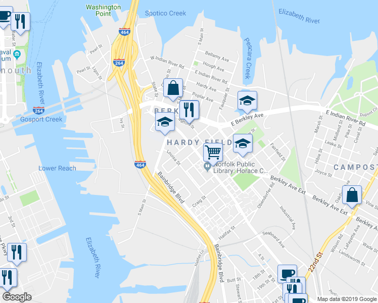 map of restaurants, bars, coffee shops, grocery stores, and more near 905 Grayson Street in Norfolk