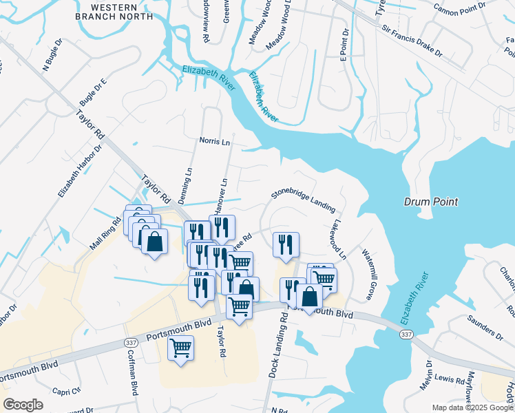 map of restaurants, bars, coffee shops, grocery stores, and more near 4011 Oak Moss Court in Chesapeake