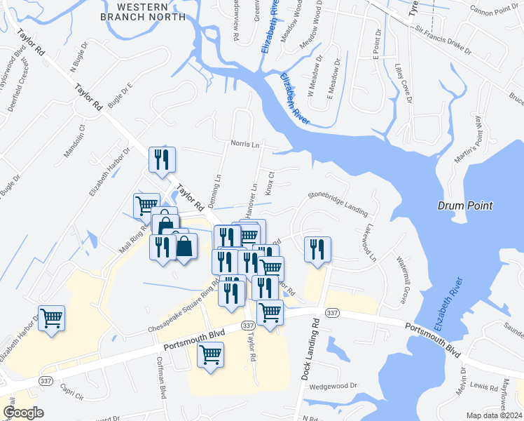 map of restaurants, bars, coffee shops, grocery stores, and more near 4044 Oak Moss Court in Chesapeake