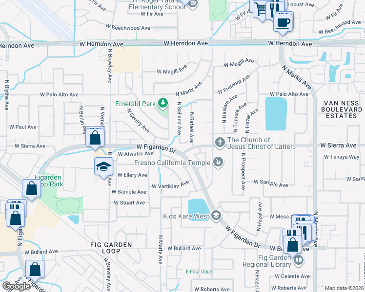 map of restaurants, bars, coffee shops, grocery stores, and more near 3515 West Menlo Avenue in Fresno