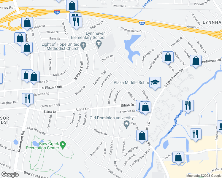 map of restaurants, bars, coffee shops, grocery stores, and more near 321 Barcelona Lane in Virginia Beach