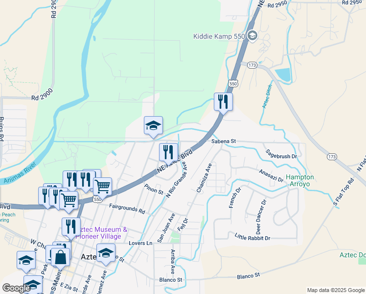 map of restaurants, bars, coffee shops, grocery stores, and more near 902 North Rio Grande Avenue in Aztec
