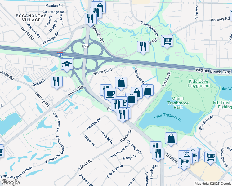 map of restaurants, bars, coffee shops, grocery stores, and more near 416 South Independence Boulevard in Virginia Beach