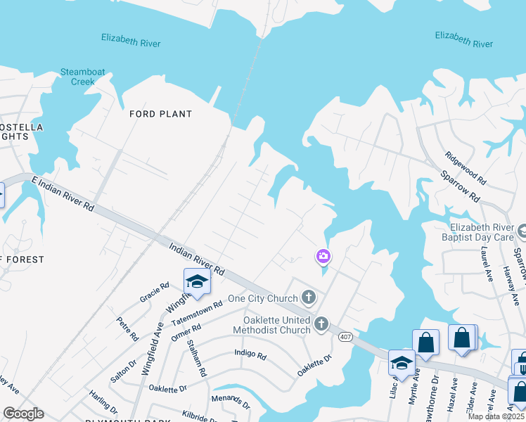 map of restaurants, bars, coffee shops, grocery stores, and more near 2909 Montclair Avenue in Chesapeake