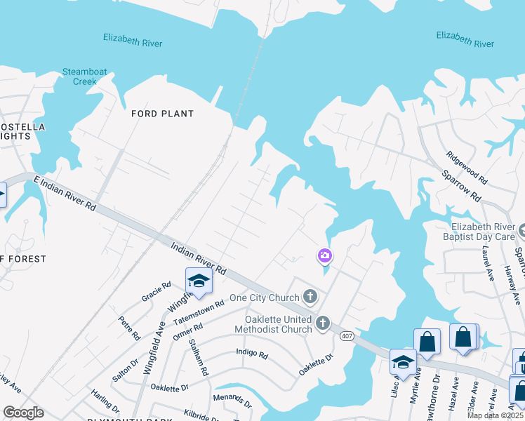map of restaurants, bars, coffee shops, grocery stores, and more near 2909 Montclair Avenue in Chesapeake