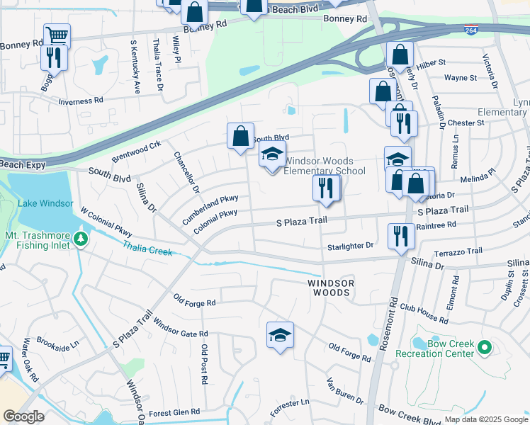 map of restaurants, bars, coffee shops, grocery stores, and more near 3769 Colonial Parkway in Virginia Beach