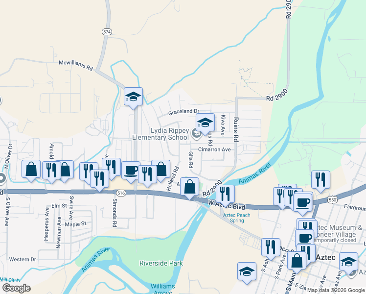map of restaurants, bars, coffee shops, grocery stores, and more near 328 Heiland Road in Aztec