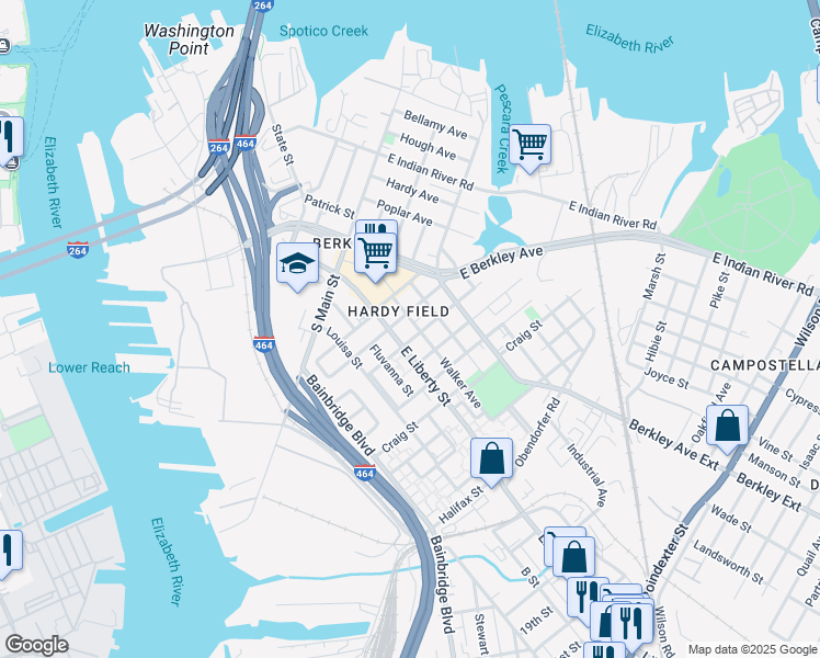 map of restaurants, bars, coffee shops, grocery stores, and more near 502 East Liberty Street in Norfolk
