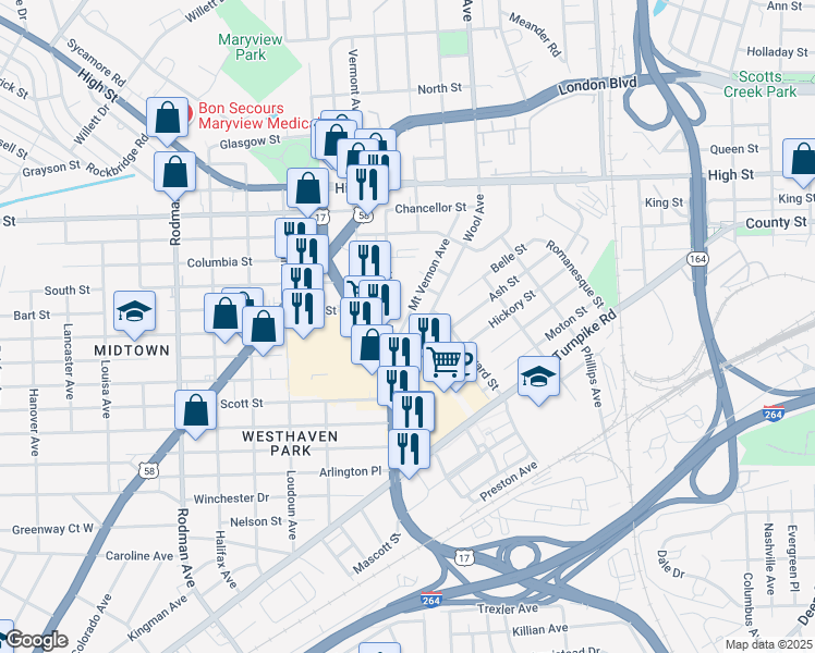 map of restaurants, bars, coffee shops, grocery stores, and more near 1537 Mount Vernon Avenue in Portsmouth