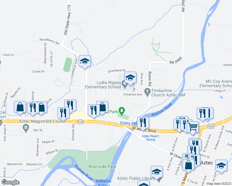 map of restaurants, bars, coffee shops, grocery stores, and more near 328 Heiland Road in Aztec