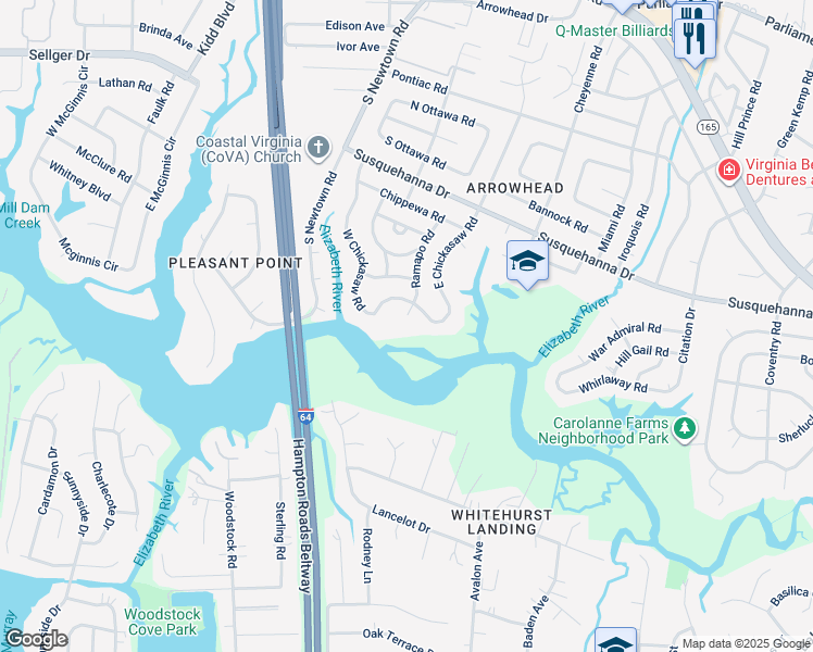 map of restaurants, bars, coffee shops, grocery stores, and more near 408 Ramapo Court in Virginia Beach