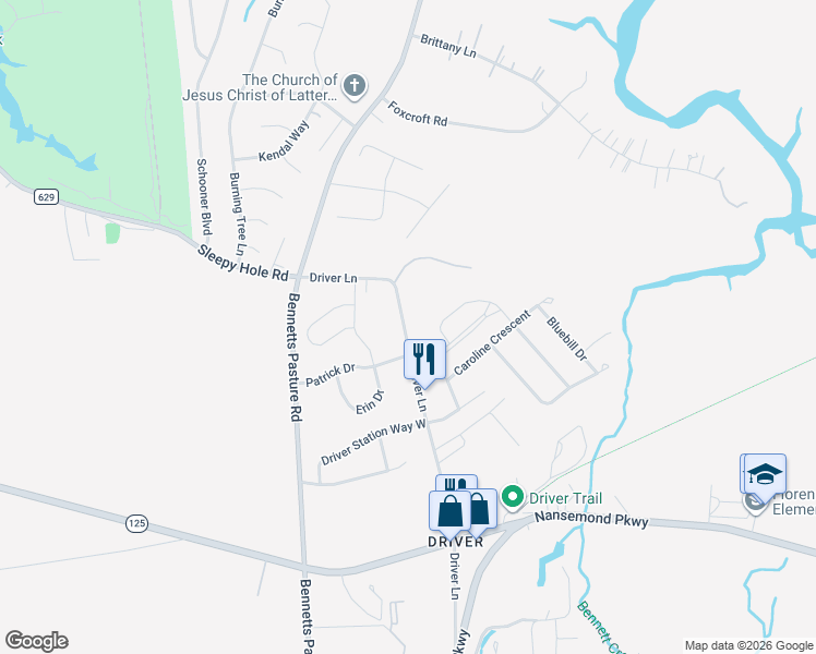 map of restaurants, bars, coffee shops, grocery stores, and more near 2104 Patrick Drive in Suffolk