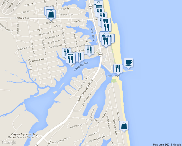 map of restaurants, bars, coffee shops, grocery stores, and more near 408 Harbour Point in Virginia Beach