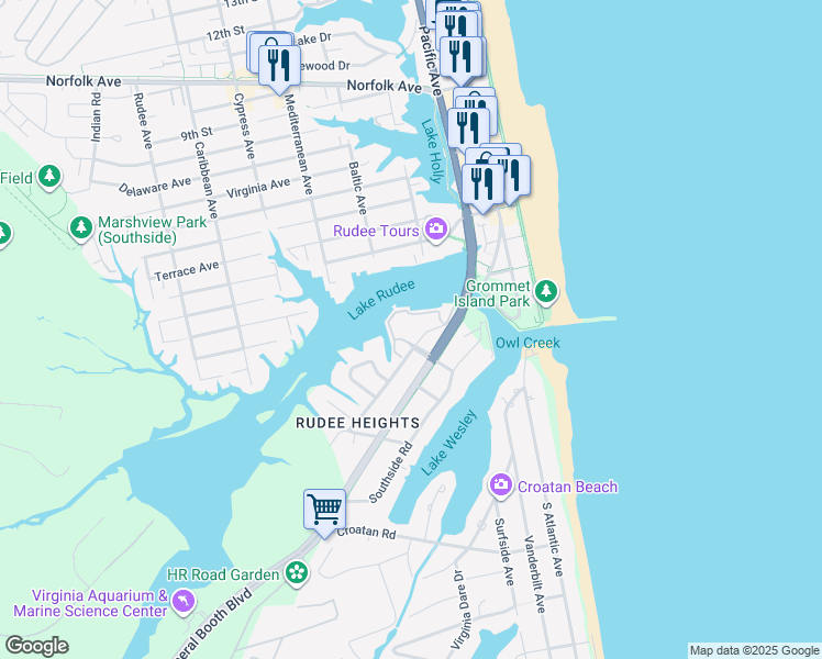 map of restaurants, bars, coffee shops, grocery stores, and more near 423 Harbour Point in Virginia Beach