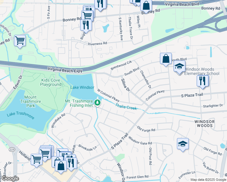 map of restaurants, bars, coffee shops, grocery stores, and more near 225 Parkway Court in Virginia Beach