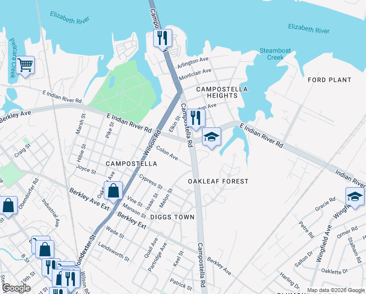 map of restaurants, bars, coffee shops, grocery stores, and more near 1121 Virginia 168 in Norfolk