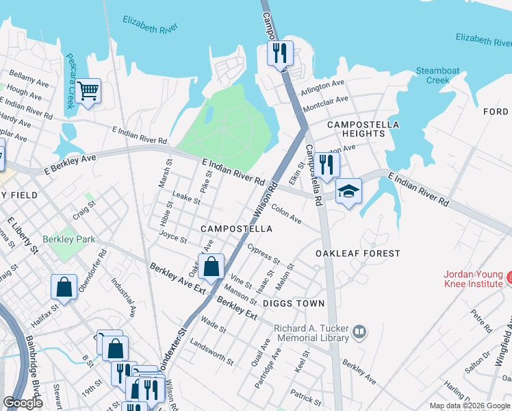 map of restaurants, bars, coffee shops, grocery stores, and more near in Norfolk