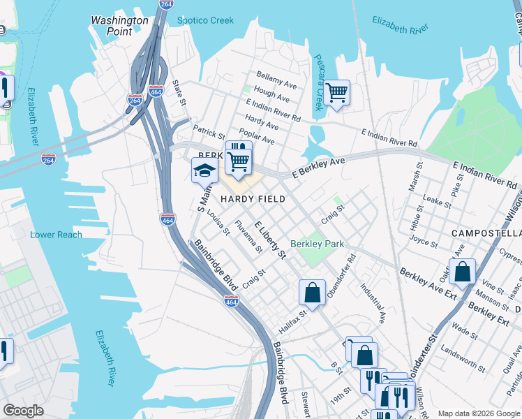 map of restaurants, bars, coffee shops, grocery stores, and more near 502 East Liberty Street in Norfolk