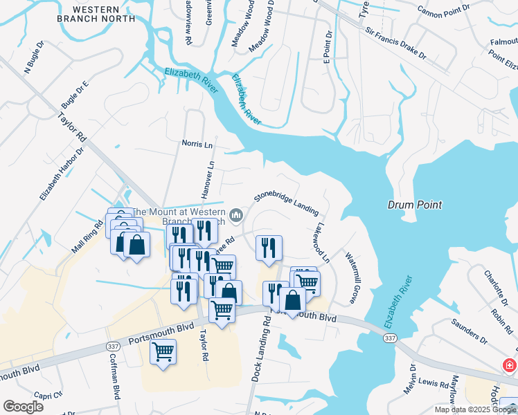 map of restaurants, bars, coffee shops, grocery stores, and more near 2529 Meadows Landing in Chesapeake