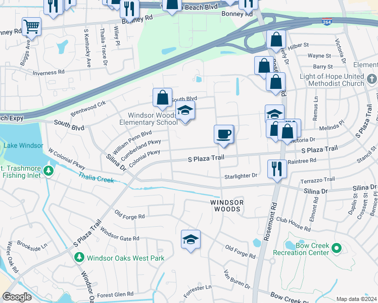 map of restaurants, bars, coffee shops, grocery stores, and more near 3757 Colonial Parkway in Virginia Beach