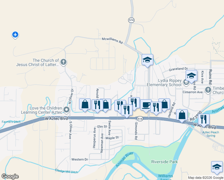 map of restaurants, bars, coffee shops, grocery stores, and more near 318 Sunrise Court in Aztec