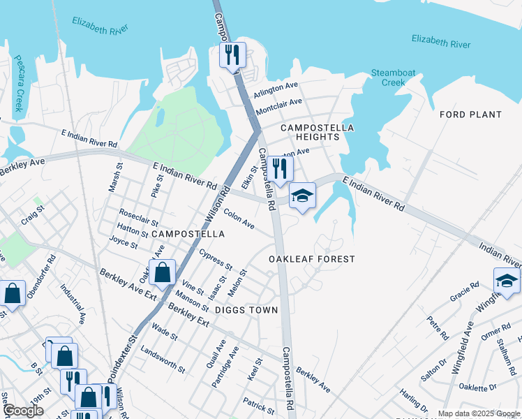 map of restaurants, bars, coffee shops, grocery stores, and more near 1121 Virginia 168 in Norfolk