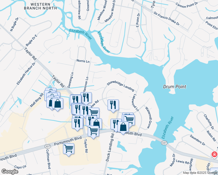 map of restaurants, bars, coffee shops, grocery stores, and more near 2536 Meadows Landing in Chesapeake