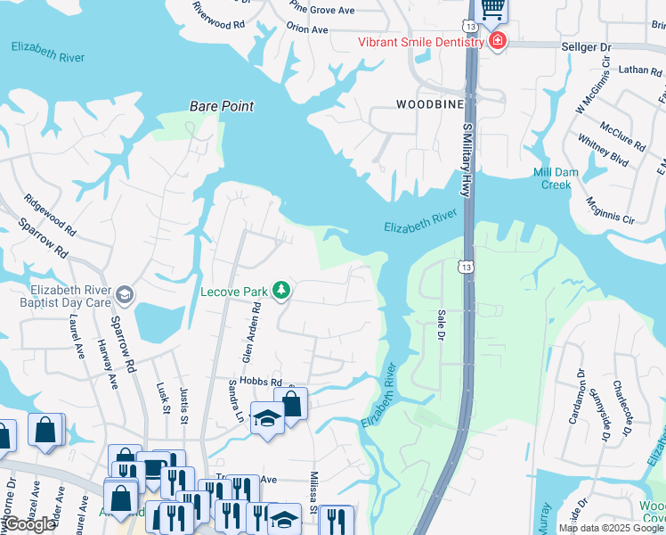 map of restaurants, bars, coffee shops, grocery stores, and more near 928 Le Cove Dr in Virginia Beach