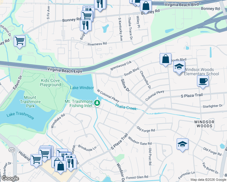 map of restaurants, bars, coffee shops, grocery stores, and more near Parkway Court in Virginia Beach