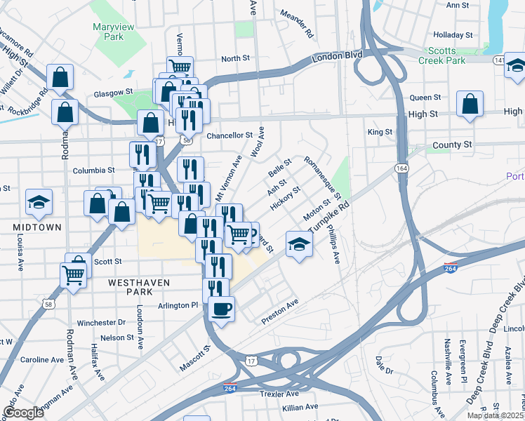 map of restaurants, bars, coffee shops, grocery stores, and more near 2724 Hickory Street in Portsmouth