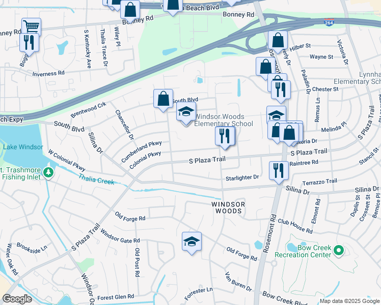 map of restaurants, bars, coffee shops, grocery stores, and more near 3757 Colonial Parkway in Virginia Beach