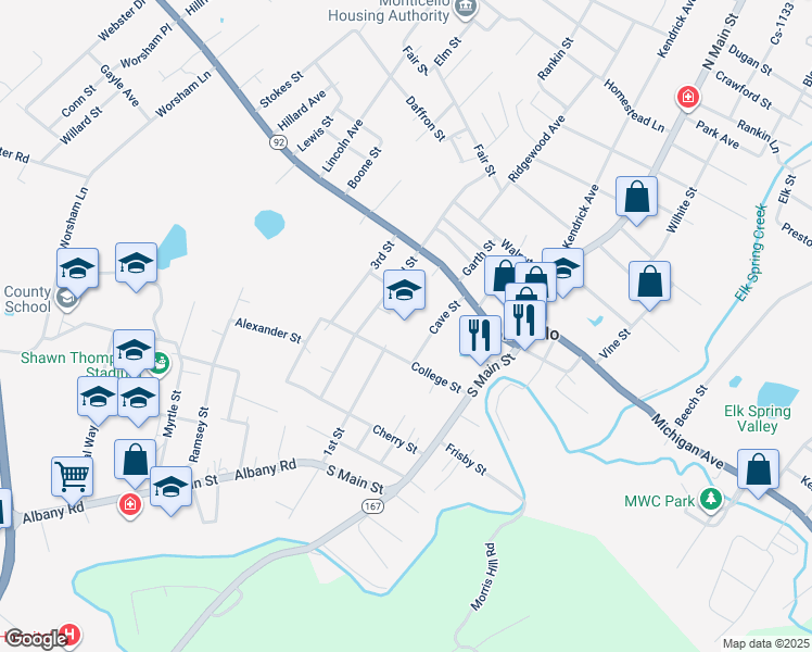 map of restaurants, bars, coffee shops, grocery stores, and more near 160 Cave Street in Monticello
