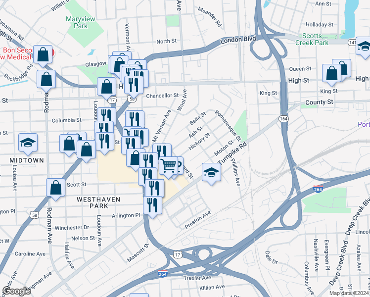 map of restaurants, bars, coffee shops, grocery stores, and more near 2724 Hickory Street in Portsmouth