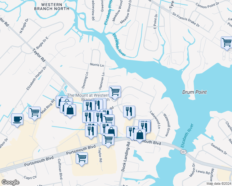 map of restaurants, bars, coffee shops, grocery stores, and more near 4014 Oak Moss Ct in Chesapeake